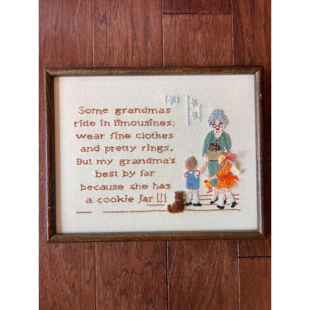 Vintage 1980 Handmade Framed Needlepoint Art Grandma Cookie Jar Poem Folk Art
